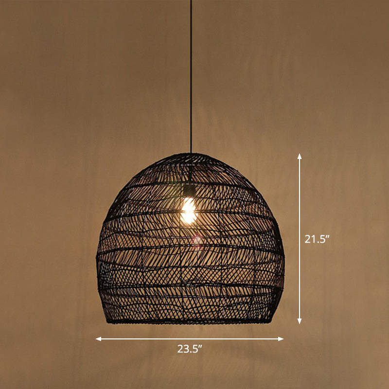 Single-Bulb Restaurant Hanging Lamp Minimalist Ceiling Light with Cloche Rattan Shade