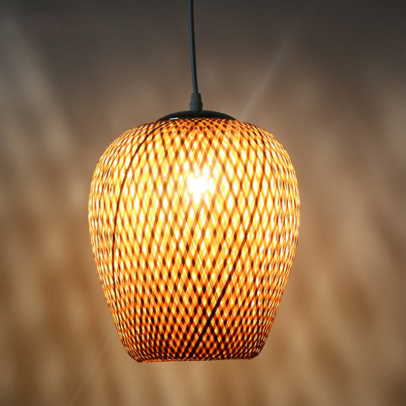 Sky Lantern Shaped Pendant Lighting Asian Bamboo Single-Bulb Study Room Hanging Lamp