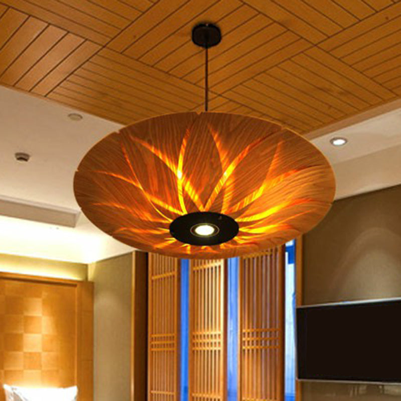 Wood Veneer Lotus Leaf Shaped Ceiling Light South-East Asia 1 Head Hanging Pendant Light