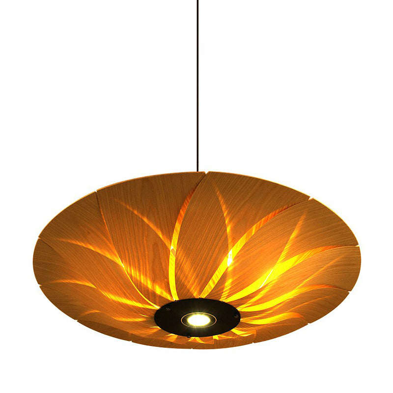 Wood Veneer Lotus Leaf Shaped Ceiling Light South-East Asia 1 Head Hanging Pendant Light