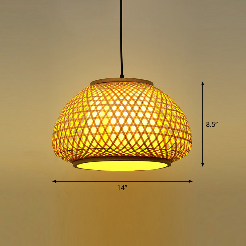 Round Ceiling Hanging Lantern Asian Bamboo 1-Light Beige Suspension Pendant Light
