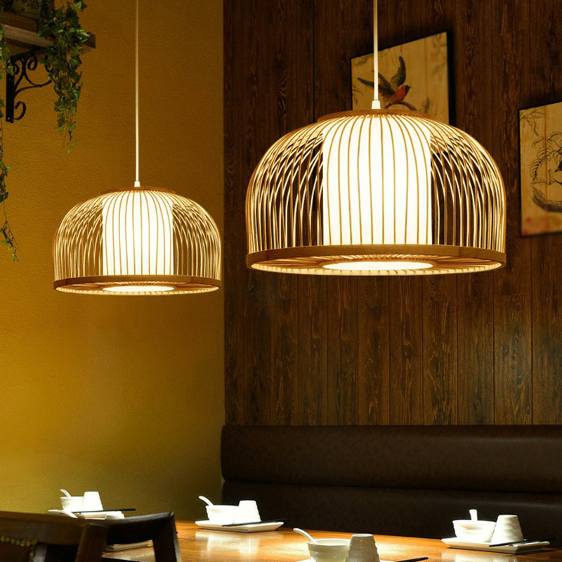 1 ristorante Bulb Restauranto Luce sospesa a ciondolo in legno minimalista con tonalità di bambù a gabbia di ciotola