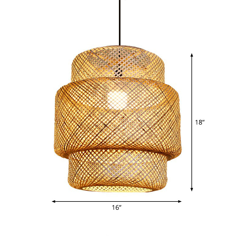 Lantern Ceiling Suspension Lamp Asia Bamboo 1-Light Beige Pendant Lighting for Corridor