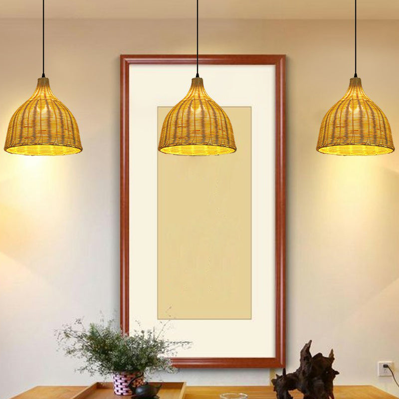 Bell Restaurant Hanging Lamp Bamboo Single-Bulb Asian Ceiling Light Fixture in Beige