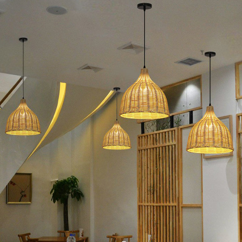 Bell Restaurant Hanging Lamp Bamboo Single-Bulb Asian Ceiling Light Fixture in Beige