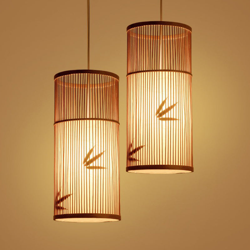 Wood Cylindrical Pendulum Light Asian 1 Bulb Bamboo Pendant Ceiling Light for Bistro