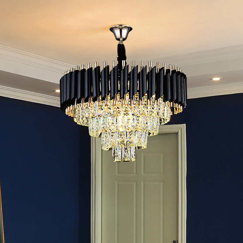 Contemporary Multi Lights Pendant Chandelier with Crystal Shade Black Circular Hanging Light Kit