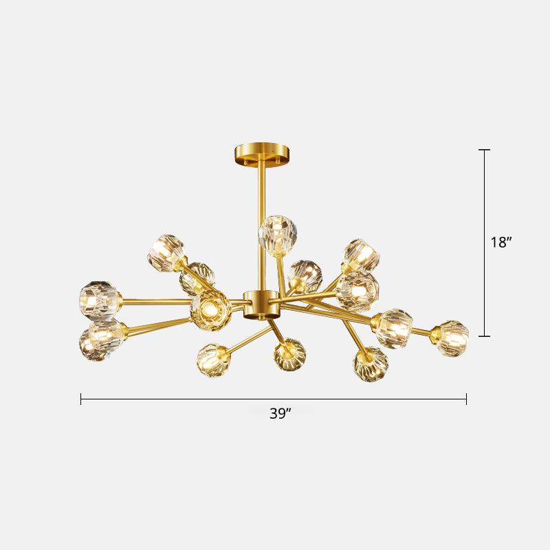 Branching Chandelier Light Minimalistic Faceted Crystals Ball Living Room Hanging Lamp in Brass