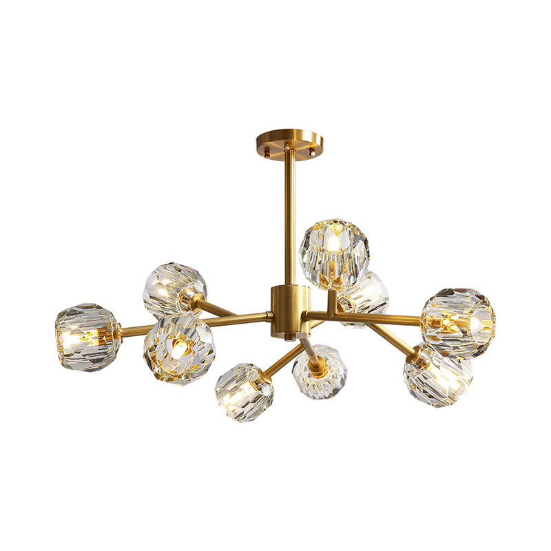 Branching Chandelier Light Minimalistic Faceted Crystals Ball Living Room Hanging Lamp in Brass