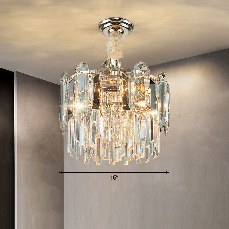 Drum Shaped Pendant Chandelier Contemporary Clear Crystal Hanging Light Fixture for Living Room