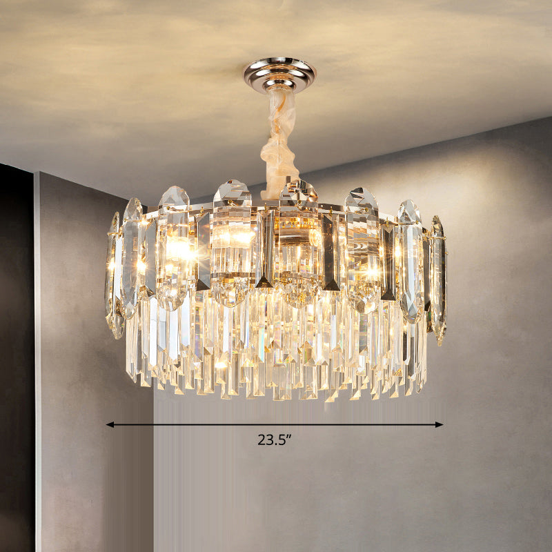 Drum Shaped Pendant Chandelier Contemporary Clear Crystal Hanging Light Fixture for Living Room