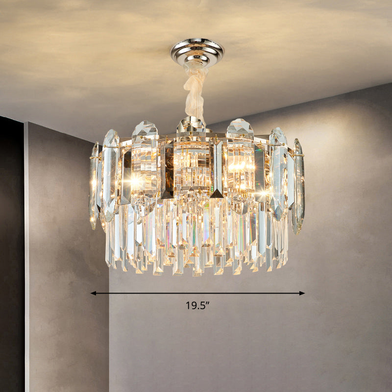 Drum Shaped Pendant Chandelier Contemporary Clear Crystal Hanging Light Fixture for Living Room