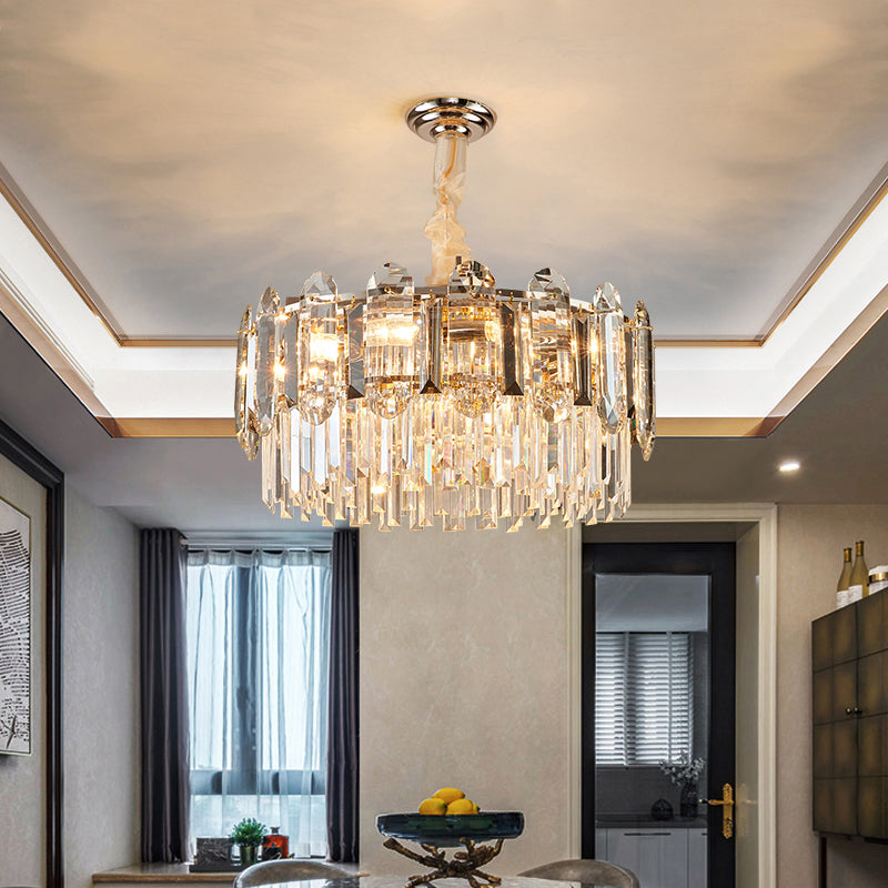 Drum Shaped Pendant Chandelier Contemporary Clear Crystal Hanging Light Fixture for Living Room