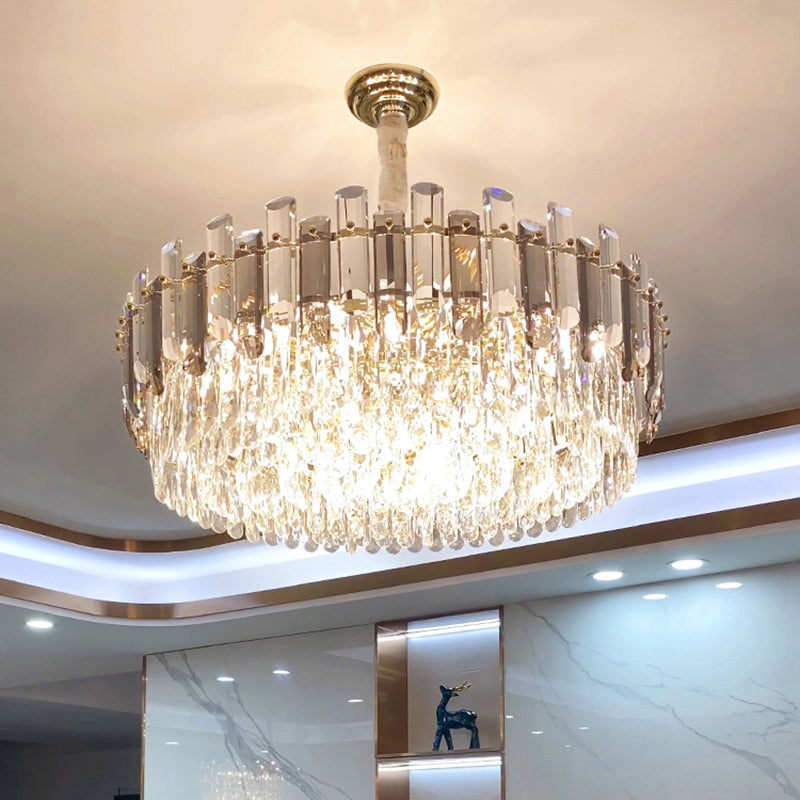 Drum Pendant Lighting Modern K9 Crystal Living Room Chandelier Light Fixture in Gold