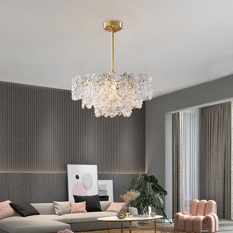 Tiered Floral Glass Chandelier Postmodern Brass Finish Hanging Light for Living Room