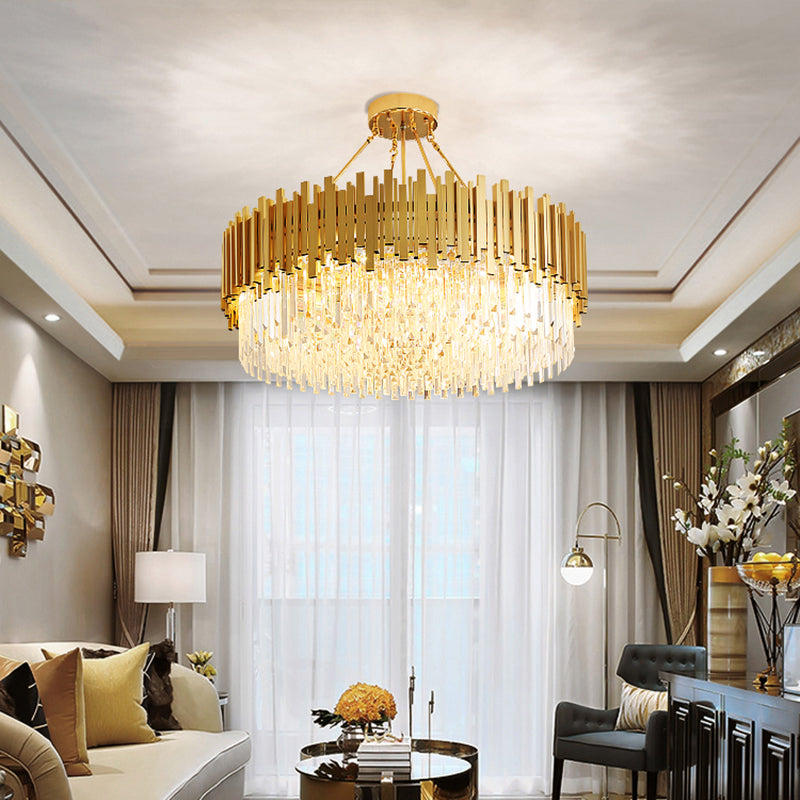 6 Lights Living Room Chandelier Minimalist Gold Ceiling Pendant Light with Drum Crystal Shade