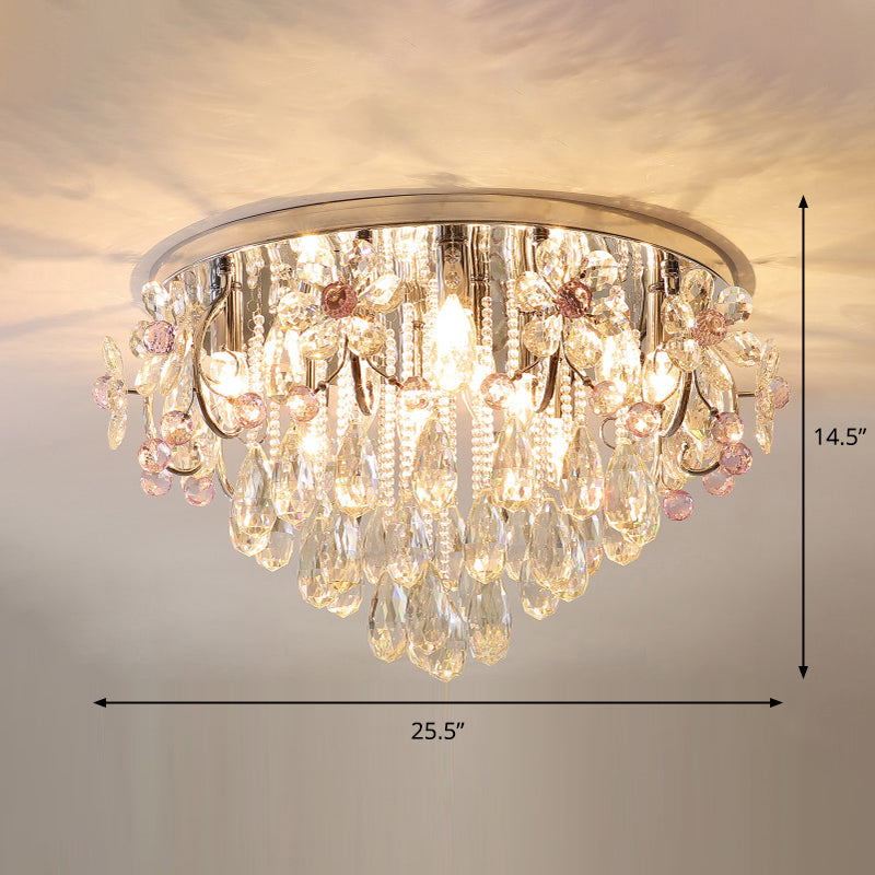 Crystal Teardrops Ceiling Mount Light Modern Chrome Finish Flush Light Fixture for Bedroom