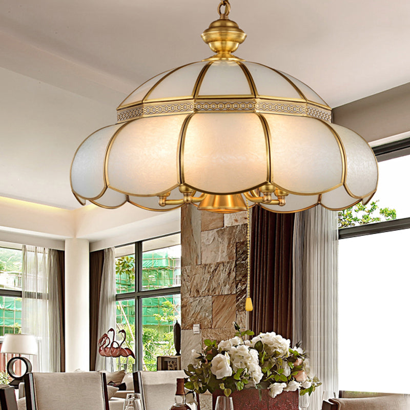 Traditional Hat Hanging Chandelier White Glass 5 Bulbs Suspension Light in Brass for Dining Room