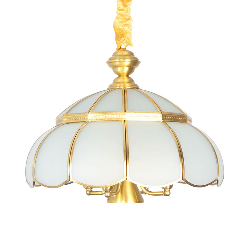 Traditional Hat Hanging Chandelier White Glass 5 Bulbs Suspension Light in Brass for Dining Room