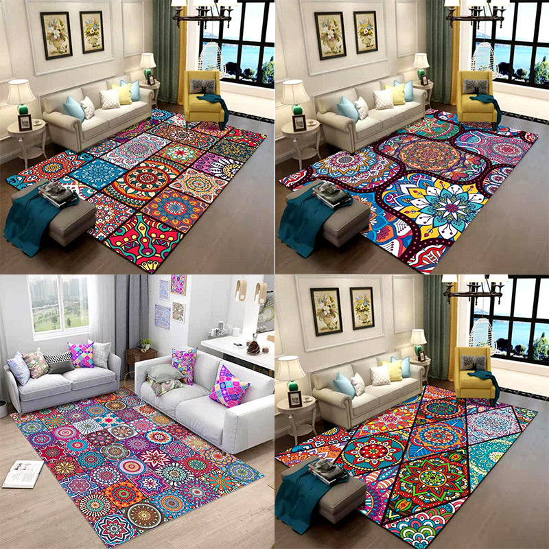 Oriental Floral Print Rug Multi Color Cotton Blend Area Carpet Non-Slip Backing Pet Friendly Indoor Rug for Living Room