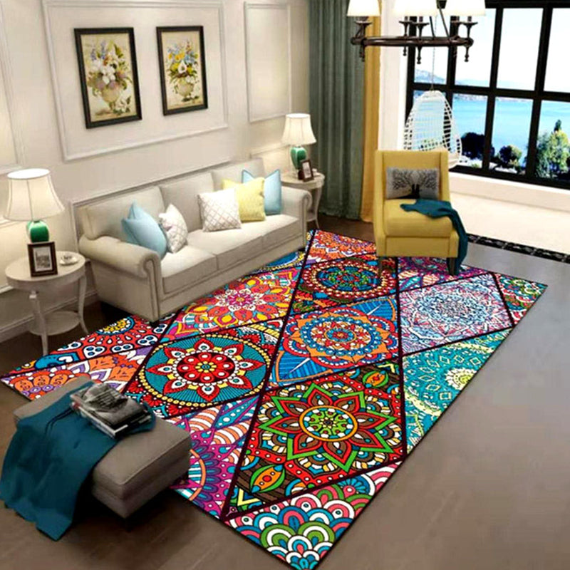 Oriental Floral Print Rug Multi Color Cotton Blend Area Carpet Non-Slip Backing Pet Friendly Indoor Rug for Living Room