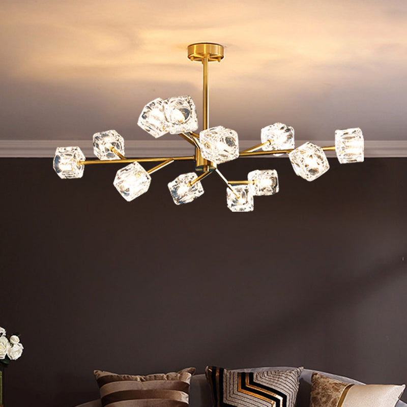 Crystal Cube Pendant Lighting Minimalist Gold Finish Chandelier with Branch Design