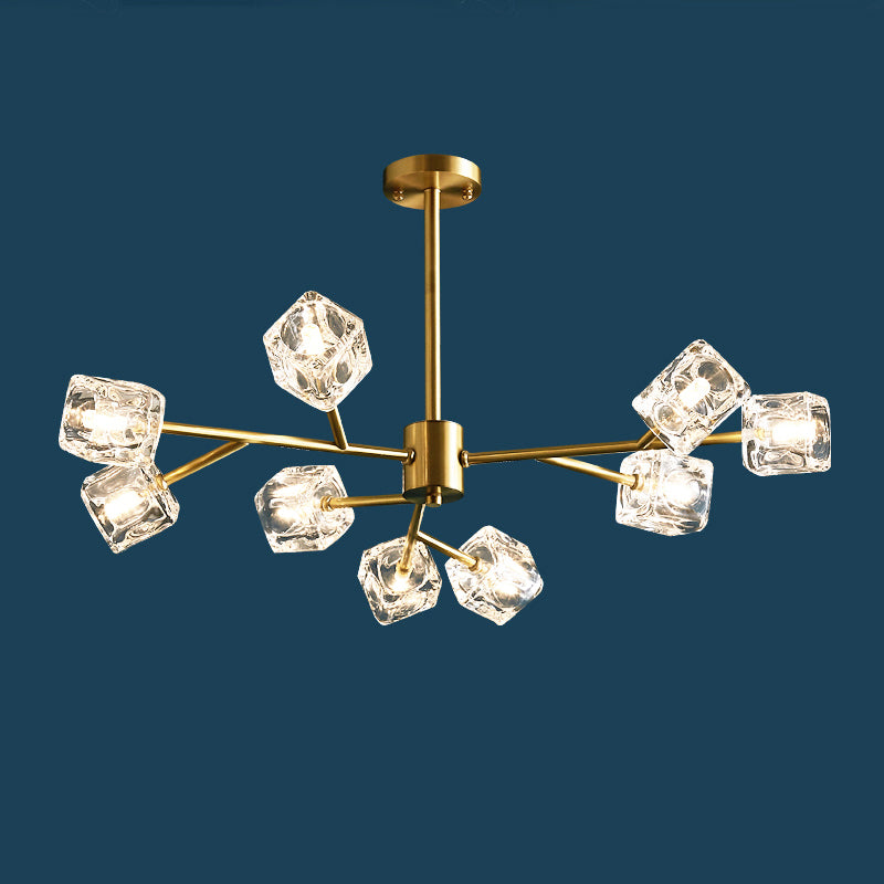 Crystal Cube Pendant Lighting Minimalist Gold Finish Chandelier with Branch Design