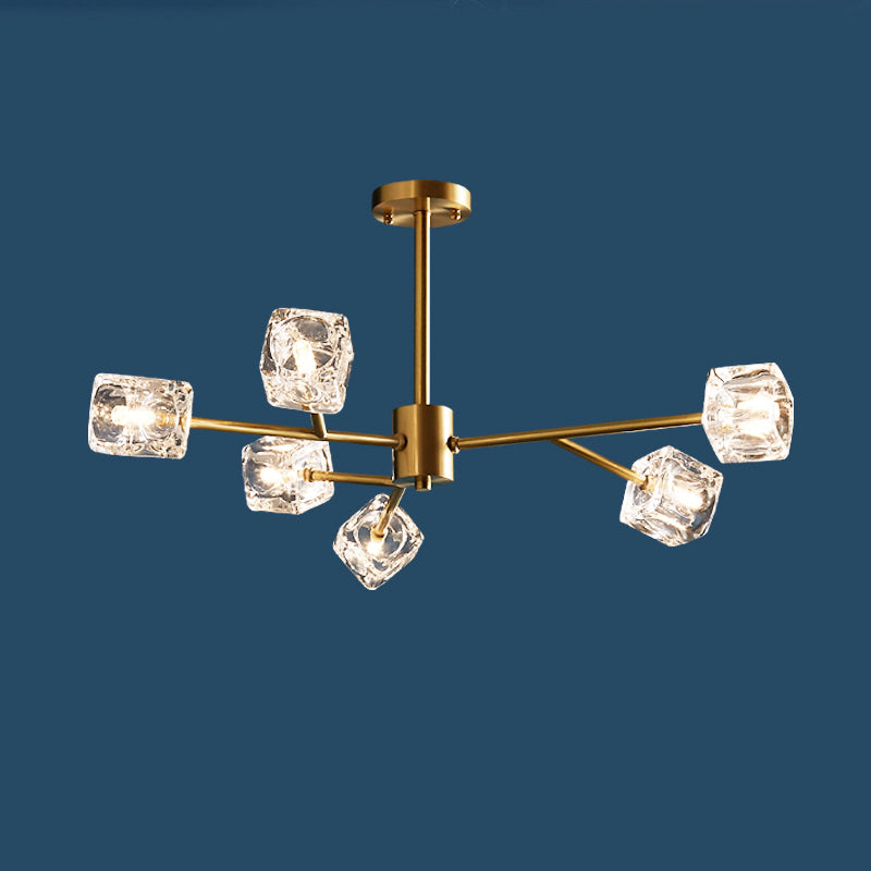 Crystal Cube Pendant Lighting Minimalist Gold Finish Chandelier with Branch Design