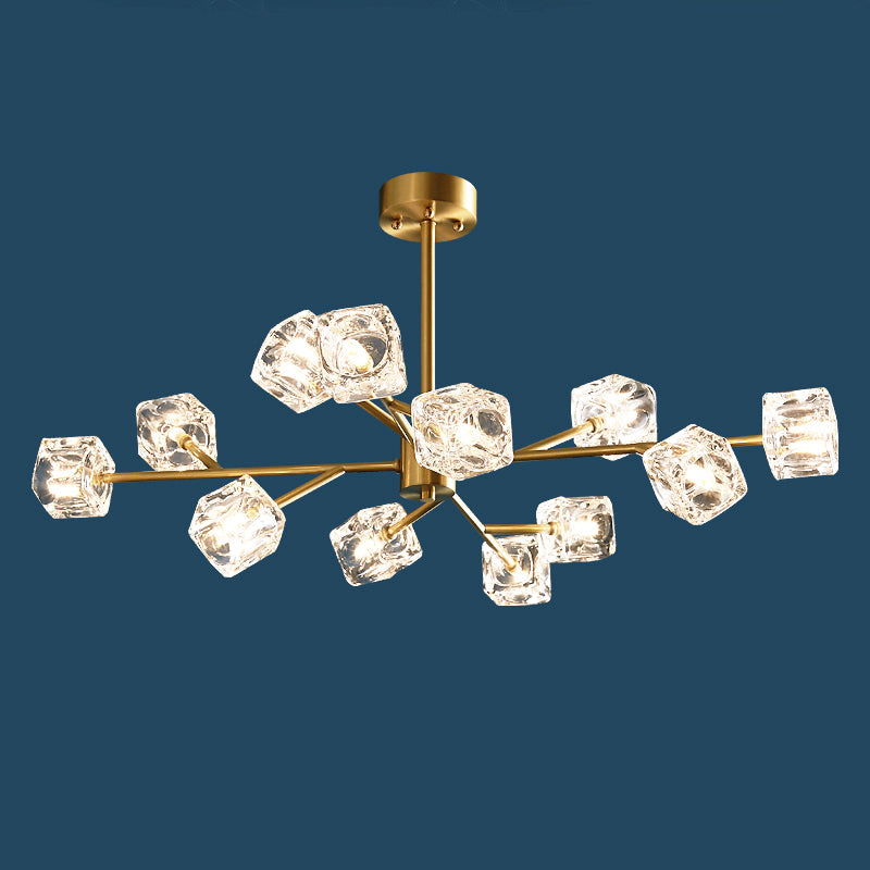 Crystal Cube Pendant Lighting Minimalist Gold Finish Chandelier with Branch Design