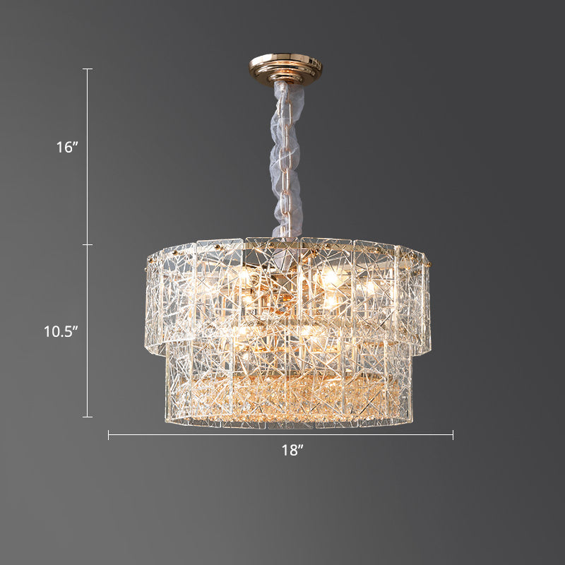 2-Tier Chandelier Pendant Light Modern Clear Glass Hanging Light with Octagonal Crystal Beads