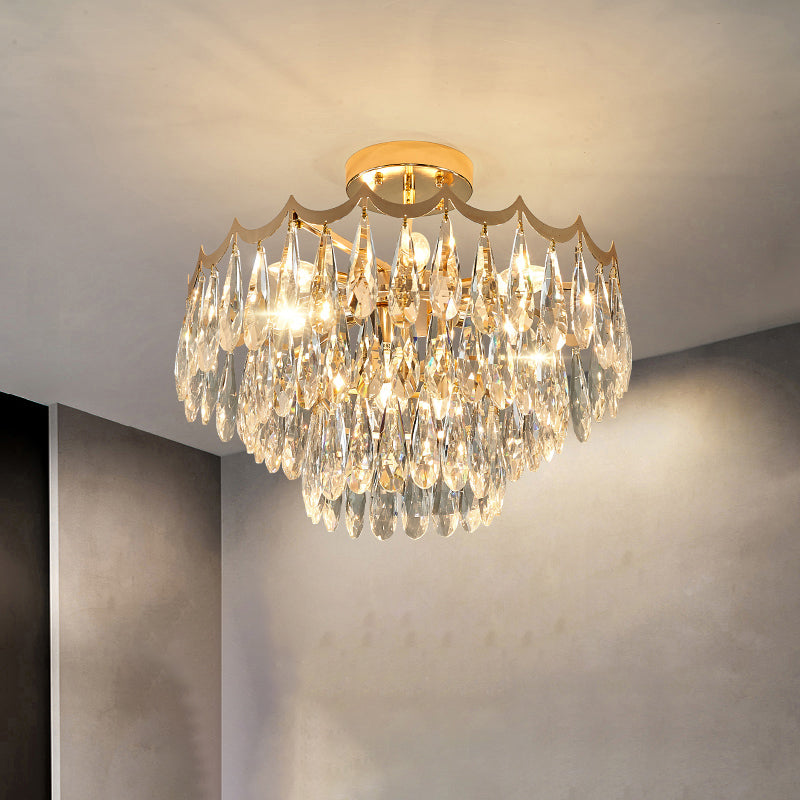 3-laags slaapkamer plafondverlichting helder kristal druppels 9-bulb moderne semi-spoelmount kroonluchter in goud