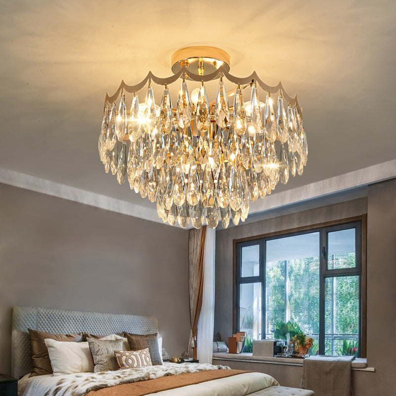 3-layer-Schlafzimmer Deckenbeleuchtung Klarer Kristalltropfen 9 Kuppel Modern Semi Flush Mount Kronleuchter in Gold