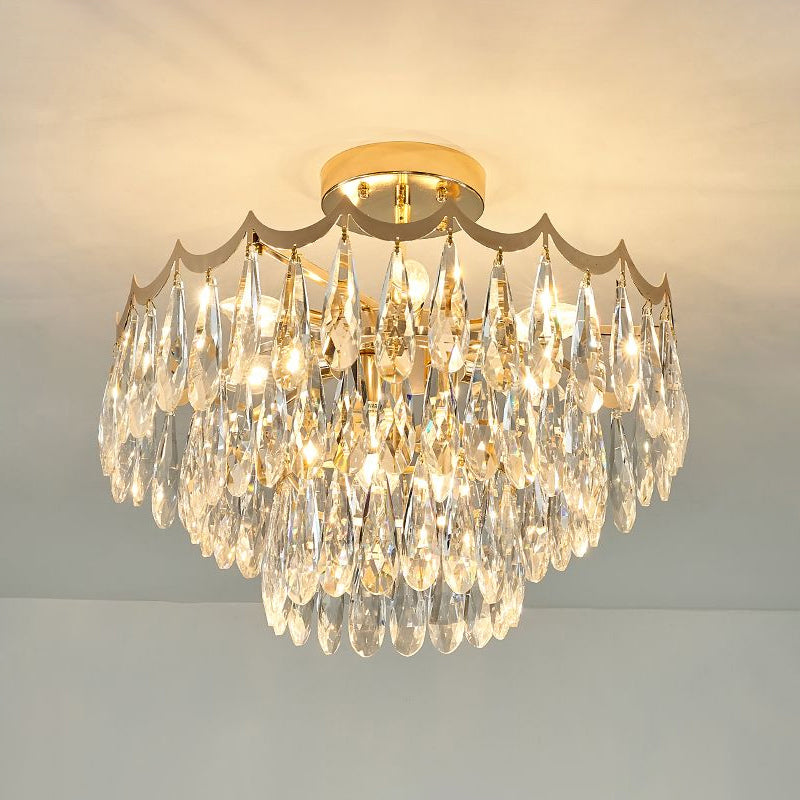 3-Layer Bedroom Ceiling Lighting Clear Crystal Drops 9-Bulb Modern Semi Flush Mount Chandelier in Gold