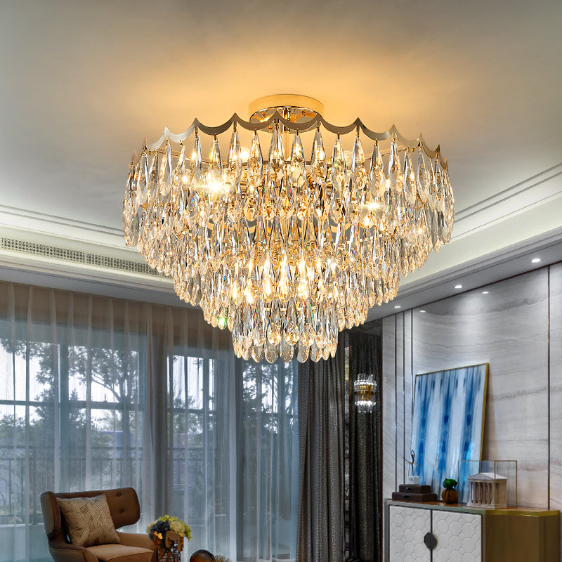 Éclairage de plafond à 3 couches Crystal Crystal Drop 9 Bulb Modern Modern Flush Flush Mount Chandelier en or