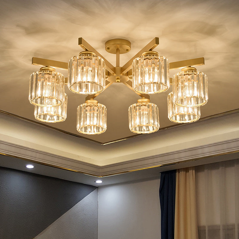 Cylindrical Semi Flush Chandelier Contemporary Crystal Prism Plafond Light for Living Room