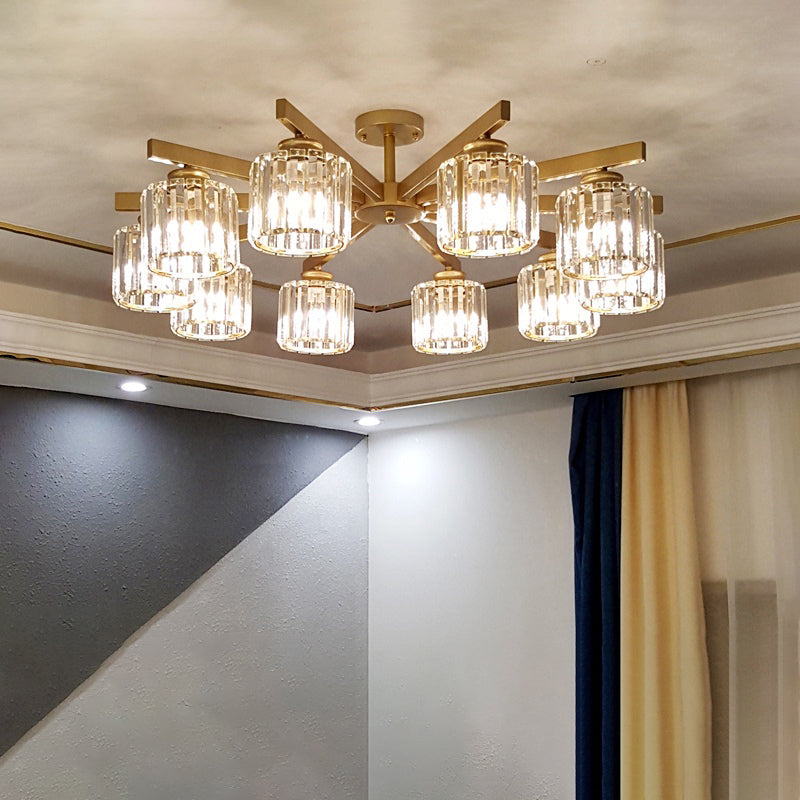 Cylindrical Semi Flush Chandelier Contemporary Crystal Prism Plafond Light for Living Room