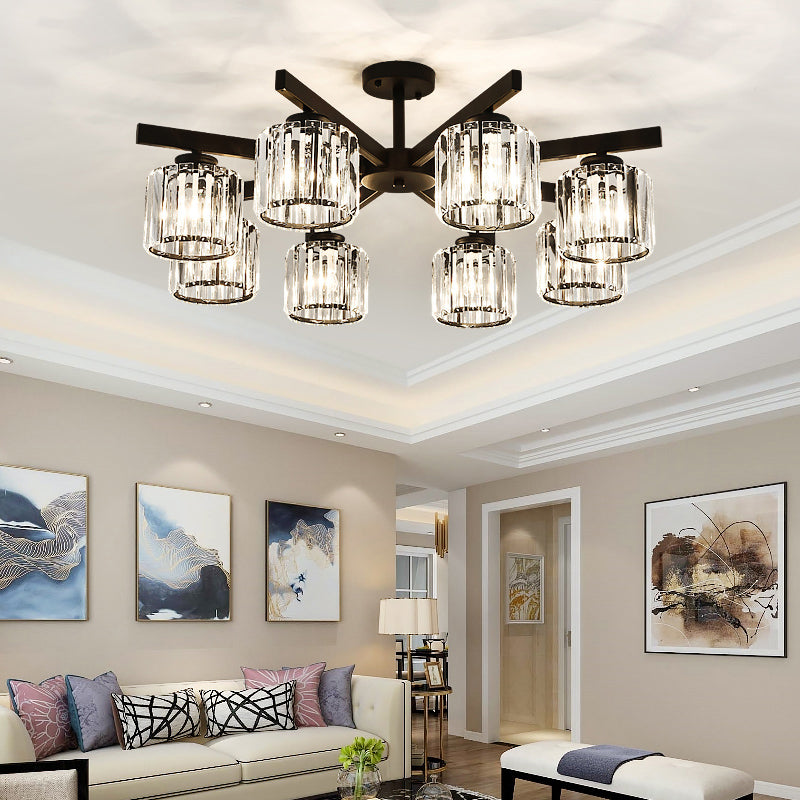 Cylindrical Semi Flush Chandelier Contemporary Crystal Prism Ceiling Light for Living Room