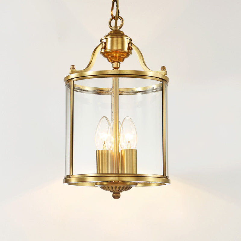 Cylinder Chandelier Lighting Minimalist Clear Glass Brass 3 Bulbs Hanging Ceiling Light, 8"/12" Wide