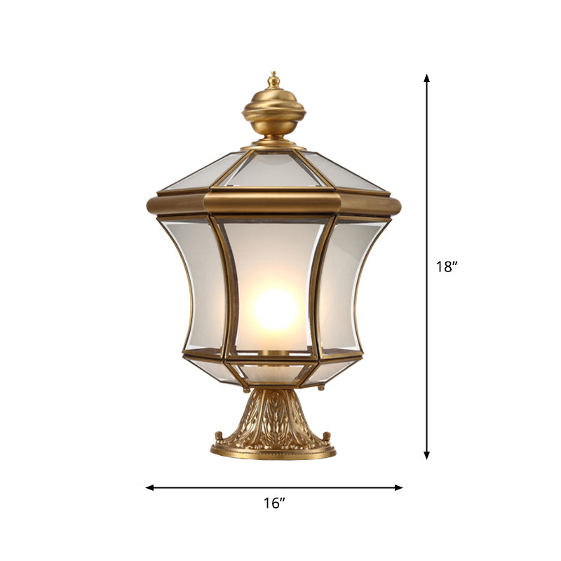 Bronze Curved Lantern Post Lighting Minimalistic 3-Bulb Frosted Glass Landscape Lamp