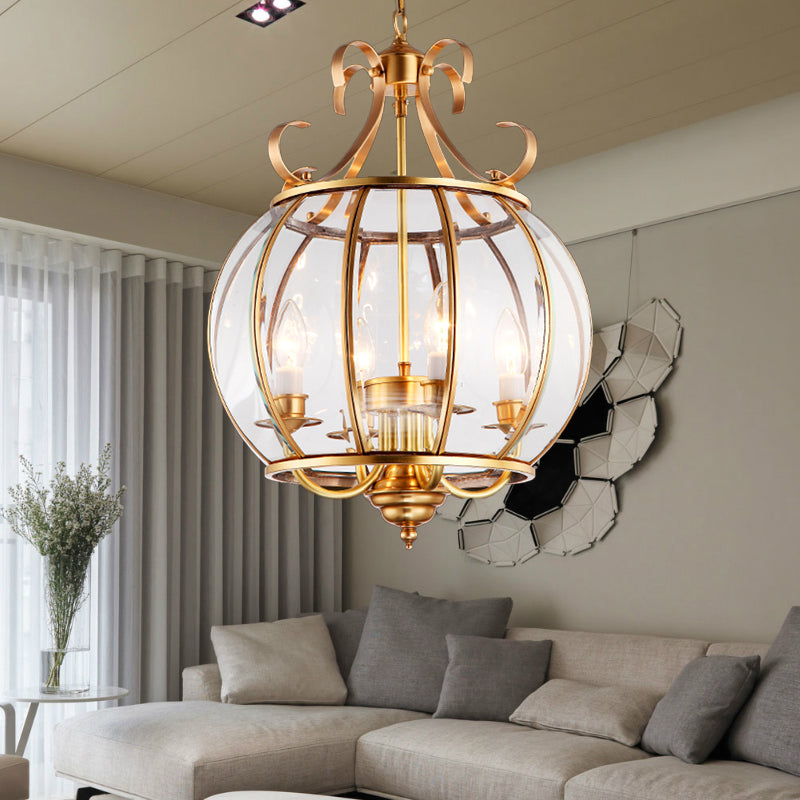 Clear Glass Global Chandelier Lamp Modern 4 Bulbs Brass Pendant Lighting Fixture for Living Room