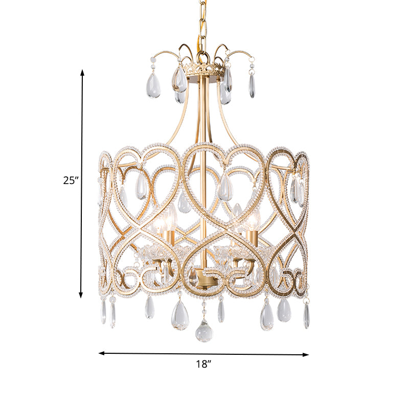 Gold Cylinder Chandelier Lighting Nordic Crystal 4 Bulbs Hanging Ceiling Light with Teardrop