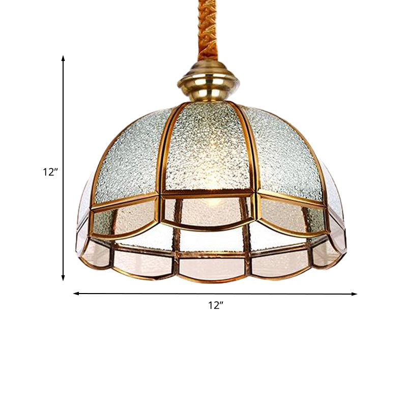 Textured Glass Dome Pendant Light Modern 1 Bulb Gold Suspended Lighting Fixture for Living Room