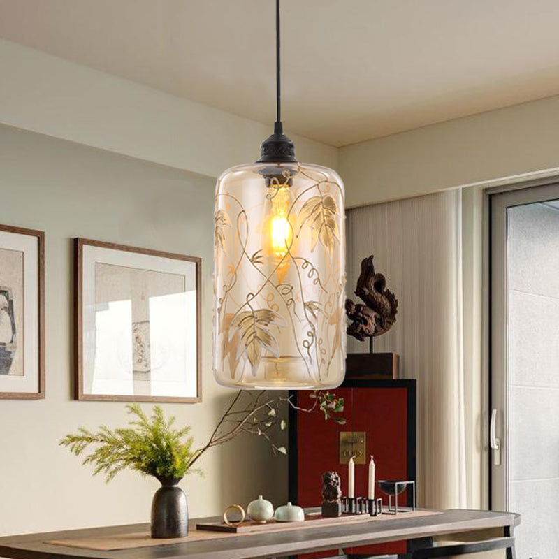 Cilindrisch hangend licht modernisme barnsteenglas 1 kop hanglamp met bladpatroon voor slaapkamer