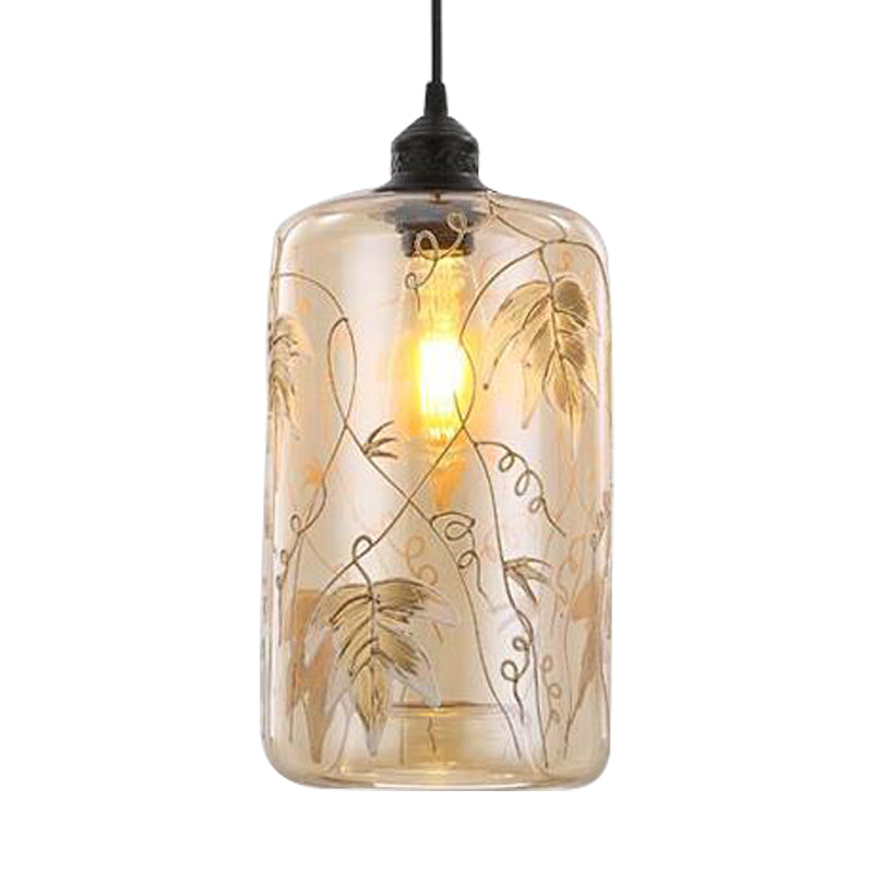 Cilindrisch hangend licht modernisme barnsteenglas 1 kop hanglamp met bladpatroon voor slaapkamer