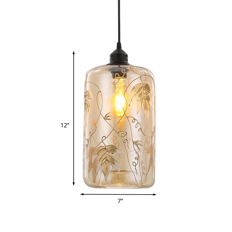 Cilindrisch hangend licht modernisme barnsteenglas 1 kop hanglamp met bladpatroon voor slaapkamer