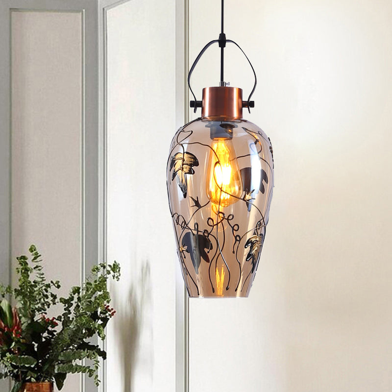1 bol Pot plafondlamp traditionele koperen glashanglampkit met esdoornbladpatroon