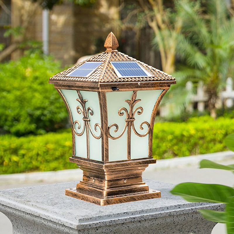 Traditional Lantern Solar Post Lamp Frosted Glass LED Street Lighting in Antiqued Brass