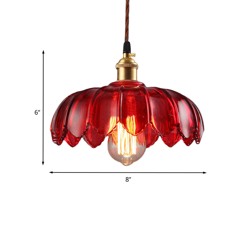 Scalloped Pendant Lamp Industrial 1 Light Red Glass Hanging Ceiling Light for Living Room, 8"/10"/12" Wide