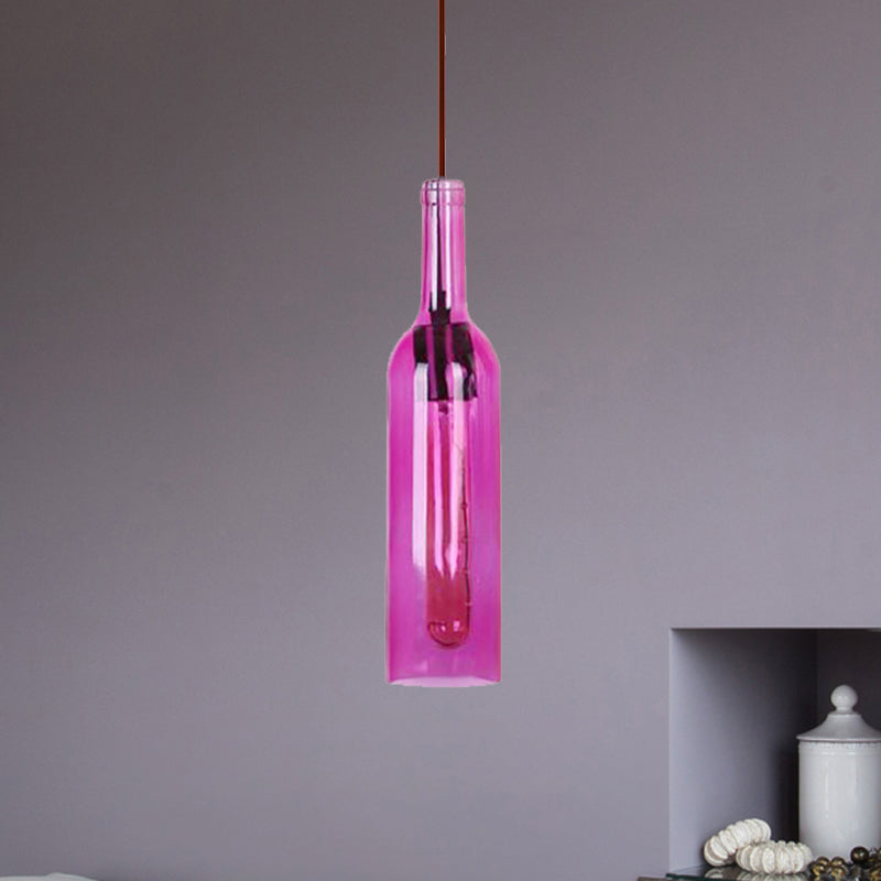 Red/Yellow 1 Head Hanging Light Fixture Vintage Style Glass Wine Bottle Suspension Lamp for Dining Room