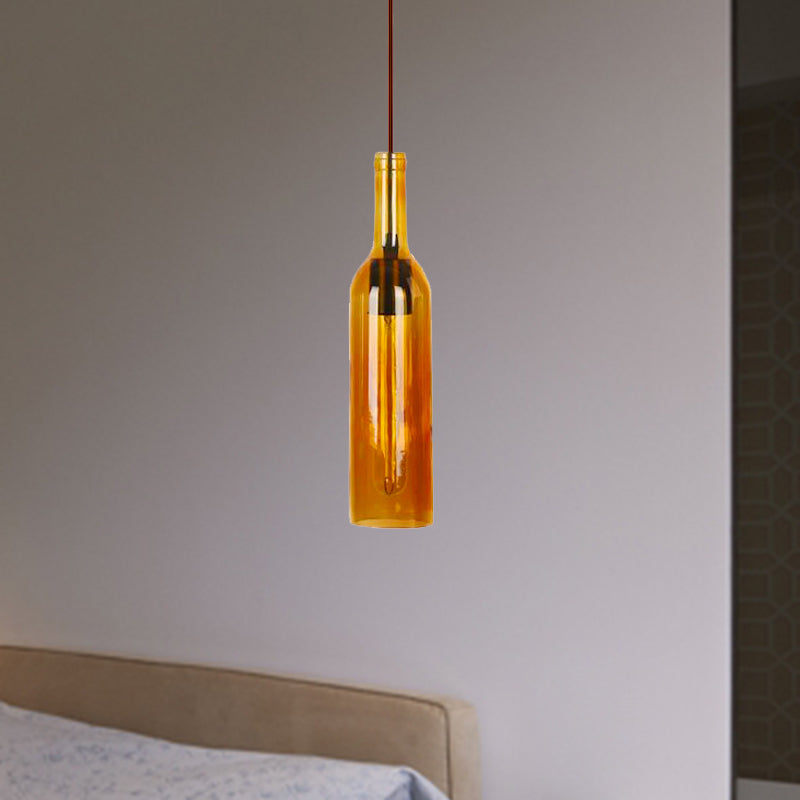 Red/Yellow 1 Head Hanging Light Fixture Vintage Style Glass Wine Bottle Suspension Lamp for Dining Room